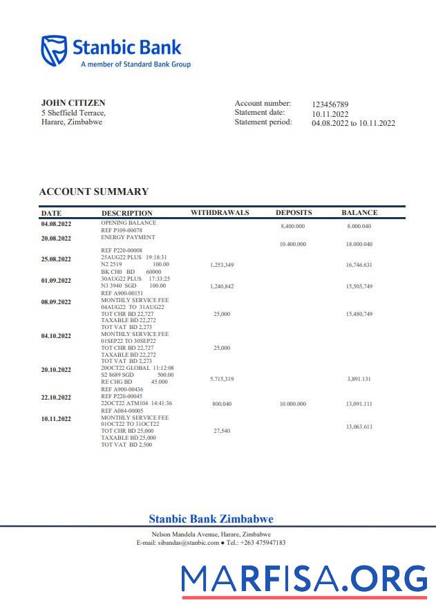 Realistic Zimbabwe Stanbic bank statement word download for verification